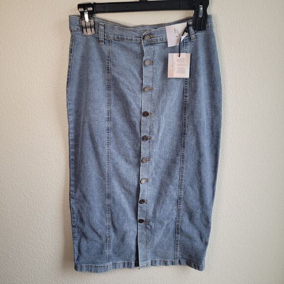 NEW Denim Maxi Skirt Sz 11 29 Button Front Happily Grey Boho Stretch Modest - Picture 1 of 16